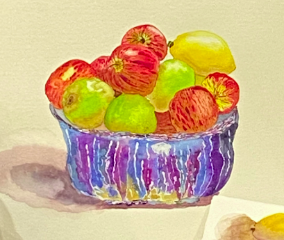 a painting of a bowl of apples